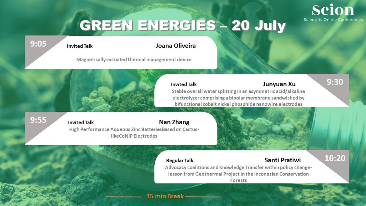 SCIONconf's tweet photo. Take a look at our schedule for the second session.
Now live is Junyuan Xu talking about: "Stable overall #water #splitting in an asymmetric acid/#alkaline #electrolyzer comprising a #bipolar membrane sandwiched by bifunctional #cobalt #nickel #phosphide #nanowire #electrodes". https://t.co/DBTkrkxV3G