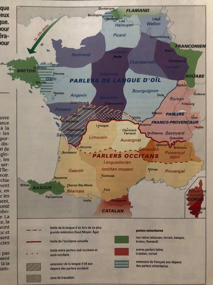 aleixrenye's tweet photo. Un vell mapa lingüístic de l'estat francès amb els dialectes de les diferents llengües. Alguns en perill d'extinció, però encara resistint. https://t.co/d6XNbVxzsg