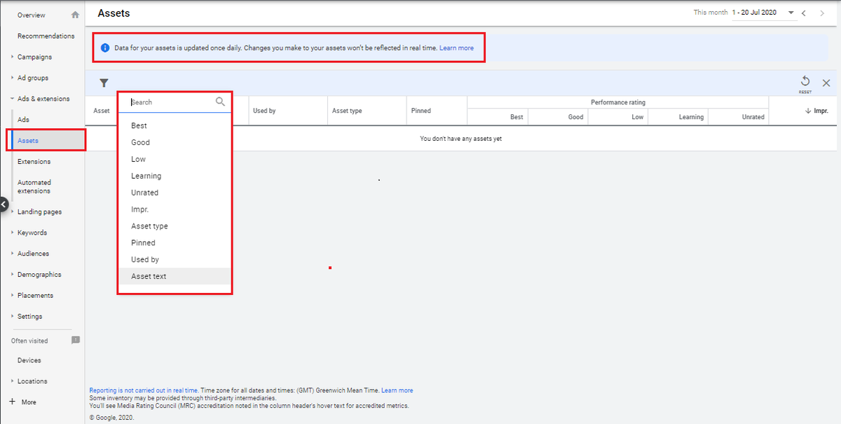 stevenjohns21's tweet photo. GOOGLE ADS: *NEW* Ad Asset section allows you to quickly see all your RSA Assets and how they are performing, which are pinned, impressions and performance rating. Just in one brand new account and typical I don't have any RSA running at the moment. #ppcchat #ppc https://t.co/NP9KNKuI1s