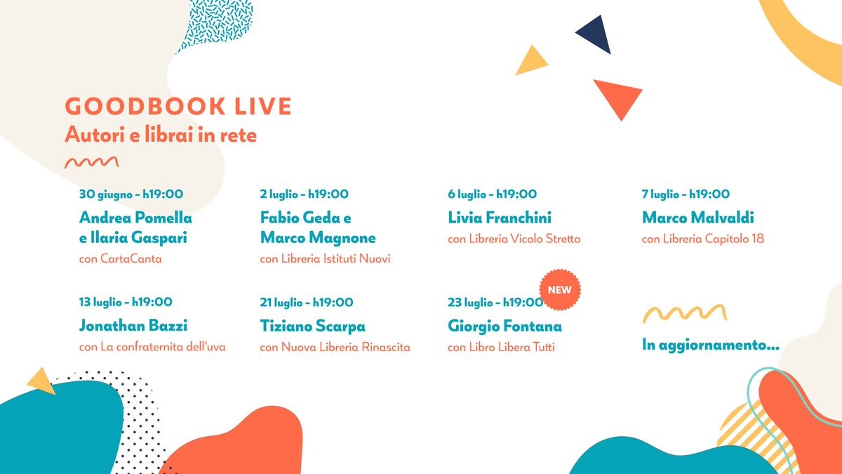 GoodBookit's tweet photo. Questa settimana gli ultimi appuntamenti della nostra rassegna #GoodBookLive con Tiziano Scarpa e Giorgio Fontana!
Vi aspettiamo in diretta sulla nostra pagina Facebook 👉https://t.co/grJUHwvbJW https://t.co/uZcPSLVRli
