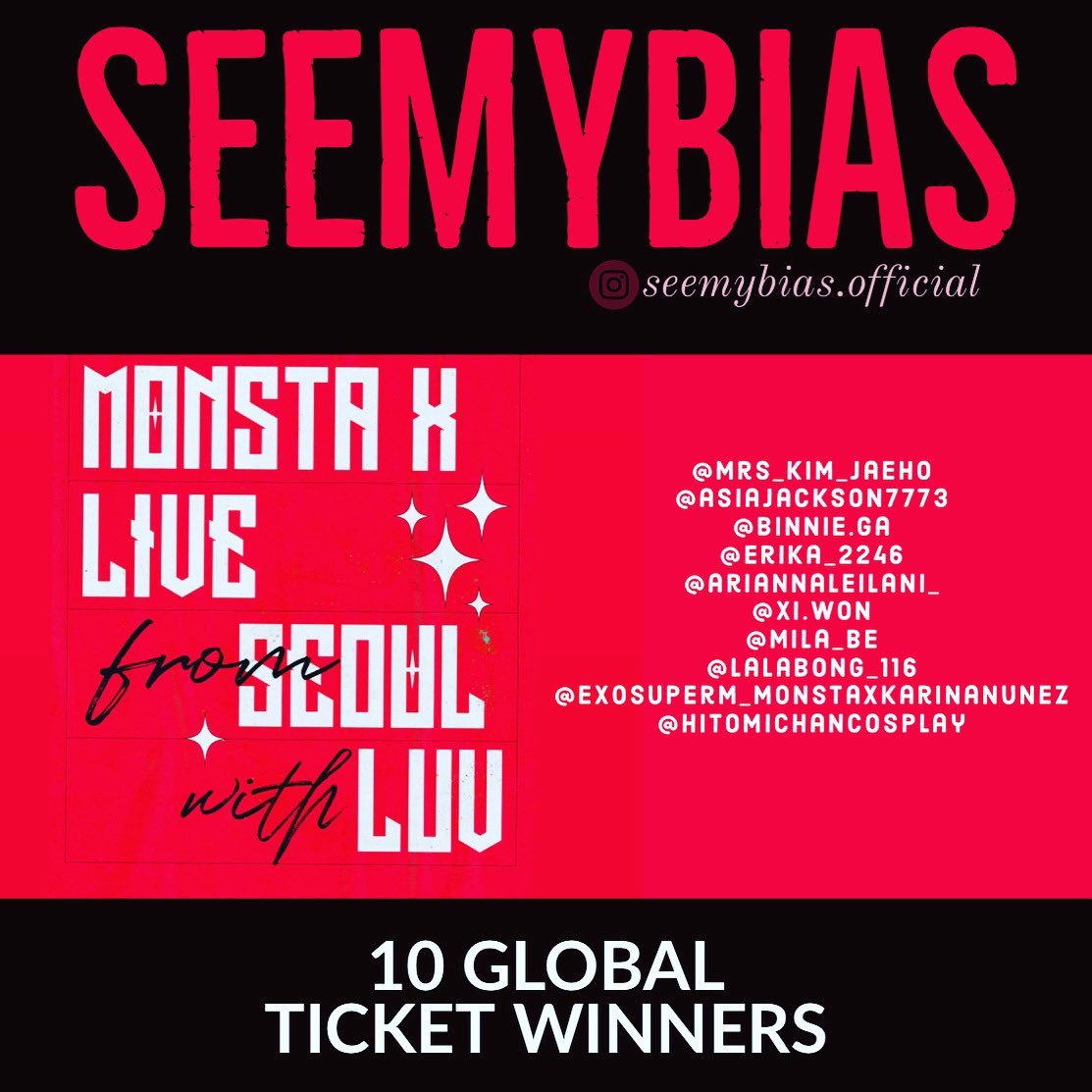 seemybias's tweet photo. Congratulations to all of the @OfficialMonstaX SEEMYBIAS Global Ticket Winners! https://t.co/Q9SwLpdJRL #monbe #MONSTAX #kpopstans https://t.co/fR5nKm1qnL