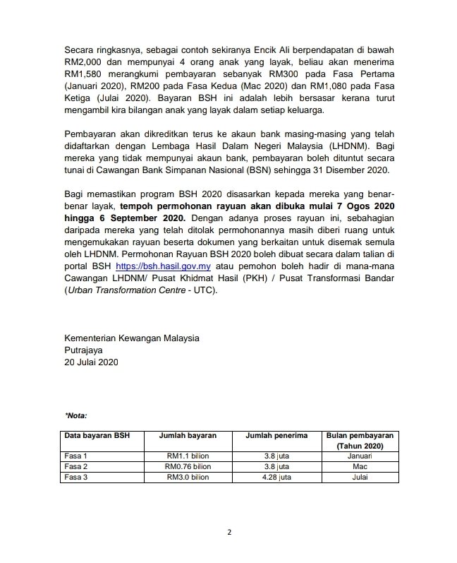 Ministry Of Finance On Twitter Siaran Media Berkenaan Pembayaran Fasa Ketiga Bantuan Sara Hidup Bsh 2020 Tarikh Permohonan Rayuan 20 Julai 2020 Https T Co 7dsiwgmiuq
