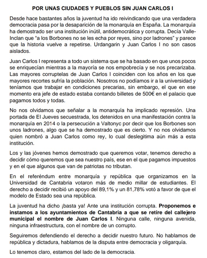 ReferendumUc's tweet photo. 🗳️En el referéndum que realizamos sobre monarquía o república, más del 80 % de las personas votantes manifestaron su preferencia por una república. 

Hoy, con los últimos escándalos del rey emérito, nos sumamos a las plataformas que piden retirar su nombre del callejero cántabro. https://t.co/kG79r5fwsC