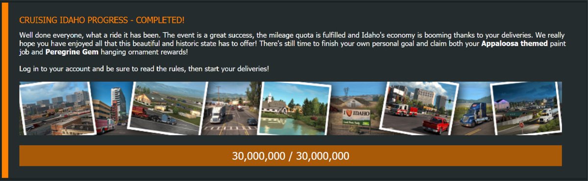 Das ging ja schnell: Schon gestern wurden die 30 Millionen Meilen im #CruisingIdaho Event erreicht! Aber keine Sorge, auf jeden Fall noch bis August habt Ihr die Möglichkeit, an dem Event teilzunehmen und Idaho zu erkunden. Alle Infos dazu: americantrucksimulator.de/news/idaho-dlc…