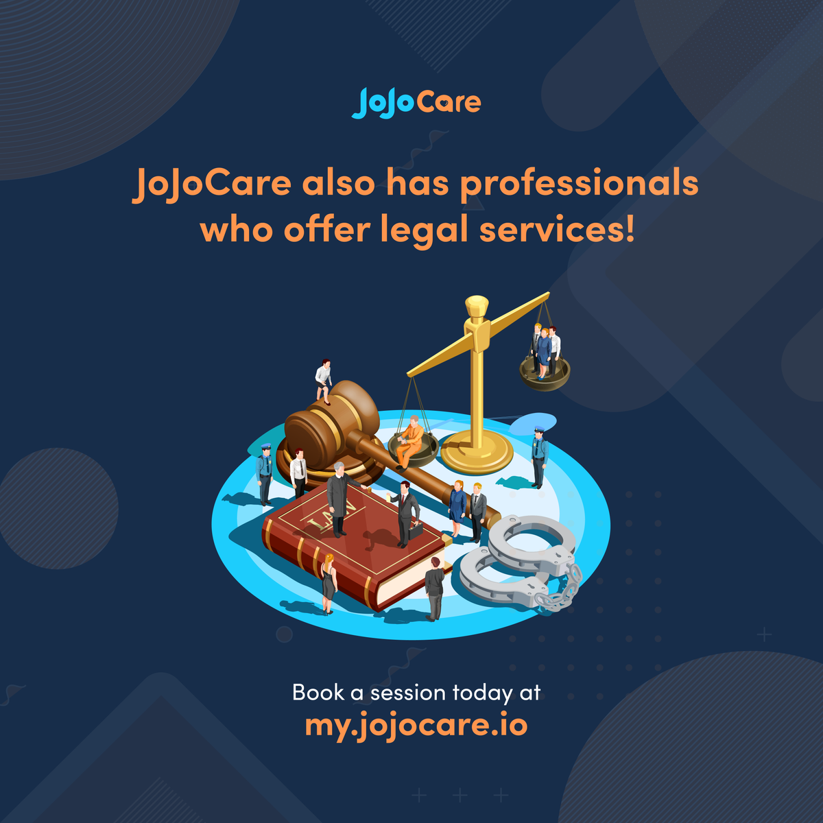 myjojoapp's tweet photo. In case you missed it: Legal services are also available for online sessions in JoJoCare! 

Schedule a session today by signing up at https://t.co/MNX8whgtyW!

If you’re a lawyer/legal professional, you can sign up as a JoJoCare professional and accept online appointments! https://t.co/sBBnqDTL2V