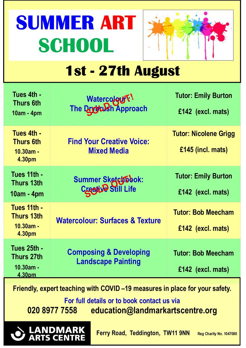 LandmarkArts's tweet photo. Our summer art school is selling fast! 3 day courses still available here - don’t miss out 🎨🎨 @Richmond_ArtSoc @ArtsRichmond_UK @TeddingtonC @TeddingtonLoves @PopupTeddington @ArtHouse_LBRUT @TWmagazines https://t.co/IWBANVwf9k
