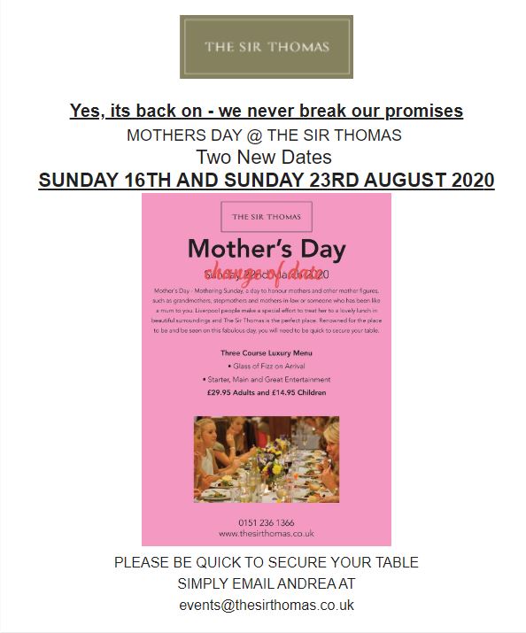 We keep our promises... Mothers Day is back!
Call to book asap as we ALWAYS sell out!
0151 236 1366 option 1