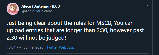  @MSCB2020 After having been blown away by SACRAMENTVM's entry I was very saddened to see that it had exceed the 2:30 mark just like you judges must have been as well. However I do not believe that bending the rules for just 1-2 entries is fair to all of the other groups. (1/?)