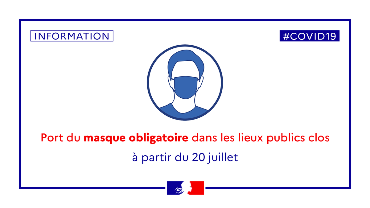 Prefecture42's tweet photo. [#Coronavirus] À compter de ce lundi 20 juillet, le port du masque 😷 grand public est obligatoire dans les lieux publics clos.
Liste des lieux concernés 👇👇👇 https://t.co/xCKt9oHR6z