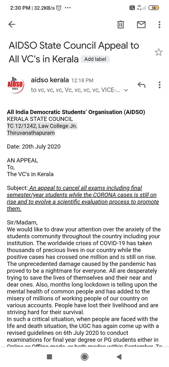 aidsokerala's tweet photo. #NoTo_ExamDuringCorona
#Scrap_UGCRevisedGuidelines
#SaveStudentsLives
#AllIndiaProtestDay
#aidsokerala #aidso
@ugc_india
@AIDSO_AIC @CMOKerala
@KeralaGovernor
Memorandum to Kerala Governer,Chief Minister, Higher Education Minister and VC's of different universities in Kerala https://t.co/pTCwvxfChK