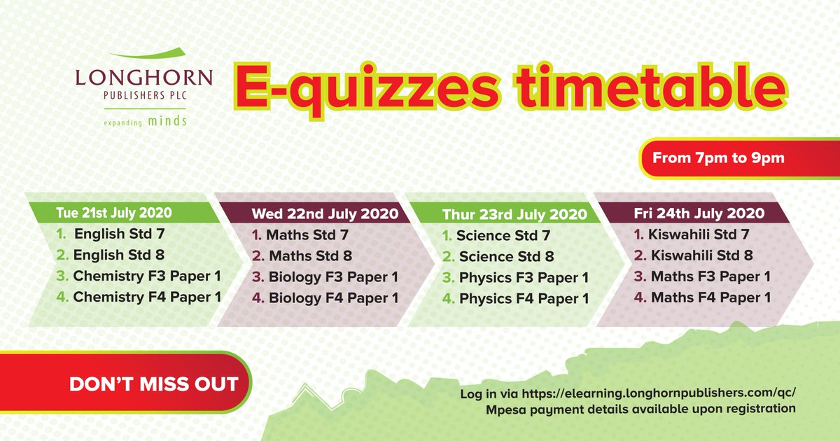 Lhornpublishers's tweet photo. We are pleased to announce the launch of a NEW E-quiz challenge starting Tuesday 21st July 2020. Find out how well you know your class content by clicking on https://t.co/UmeLntgKZN to register! Each paper costs Ksh 20 & Ksh 30 for Primary & Secondary respectively. #equizzes https://t.co/1AmxdFea9J