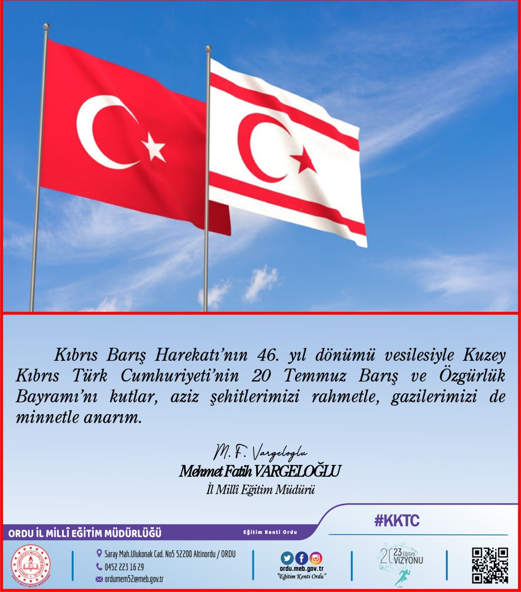 Ordu_MEM's tweet photo. İl Milli Eğitim Müdürümüz Mehmet Fatih VARGELOĞLU’nun "Kuzey Kıbrıs Türk Cumhuriyeti'nin Barış ve Özgürlük Bayramı" Mesajı
#eğitimkentiORDU

@tcmeb @ziyaselcuk @safran1958 @cemgencoglu @okancbn @tuncaysonel @mfvargeloglu https://t.co/pJ2Zx7yg2d