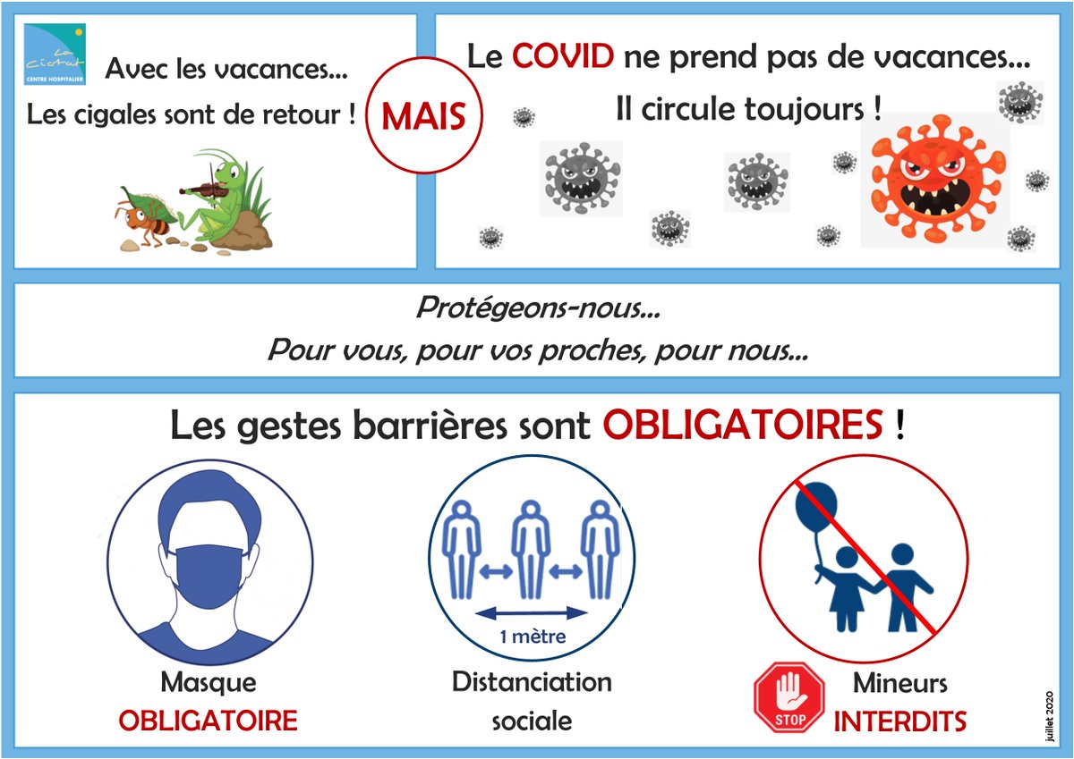 [ Protégeons-nous… Pour vous, pour vos proches, pour nous ]
Les gestes barrières doivent être respectés :
- Masque obligatoire😷
- Distance d’ 1m entre chaque personne🚶‍↔🚶
- Mineurs interdits au sein de l’établissement🚫
#TousEnsemble #RestonsVigilants #CHLaCiotat