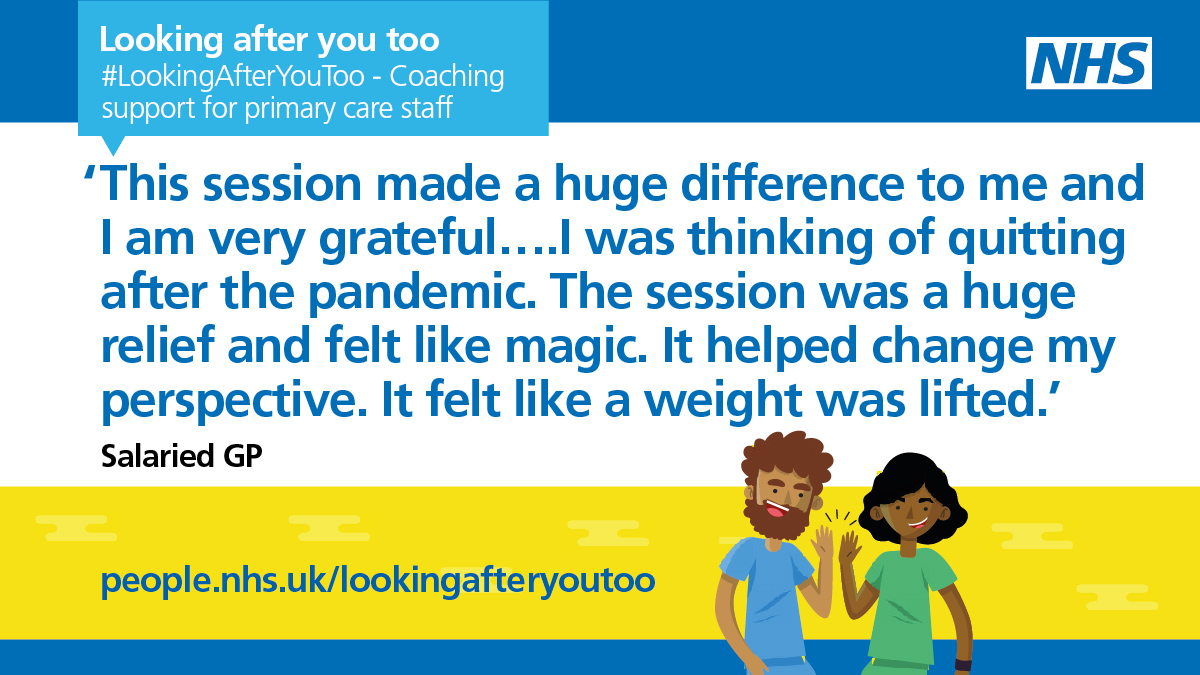 PrimaryCareNHS's tweet image. We know the many challenges #PrimaryCare workers are facing every day looking after others. That's why we're #LookingAfterYouToo

💙 Individual coaching support, available 7 days a week, 7.15am-10pm by phone or video ➡️ people.nhs.uk/lookingafteryo…