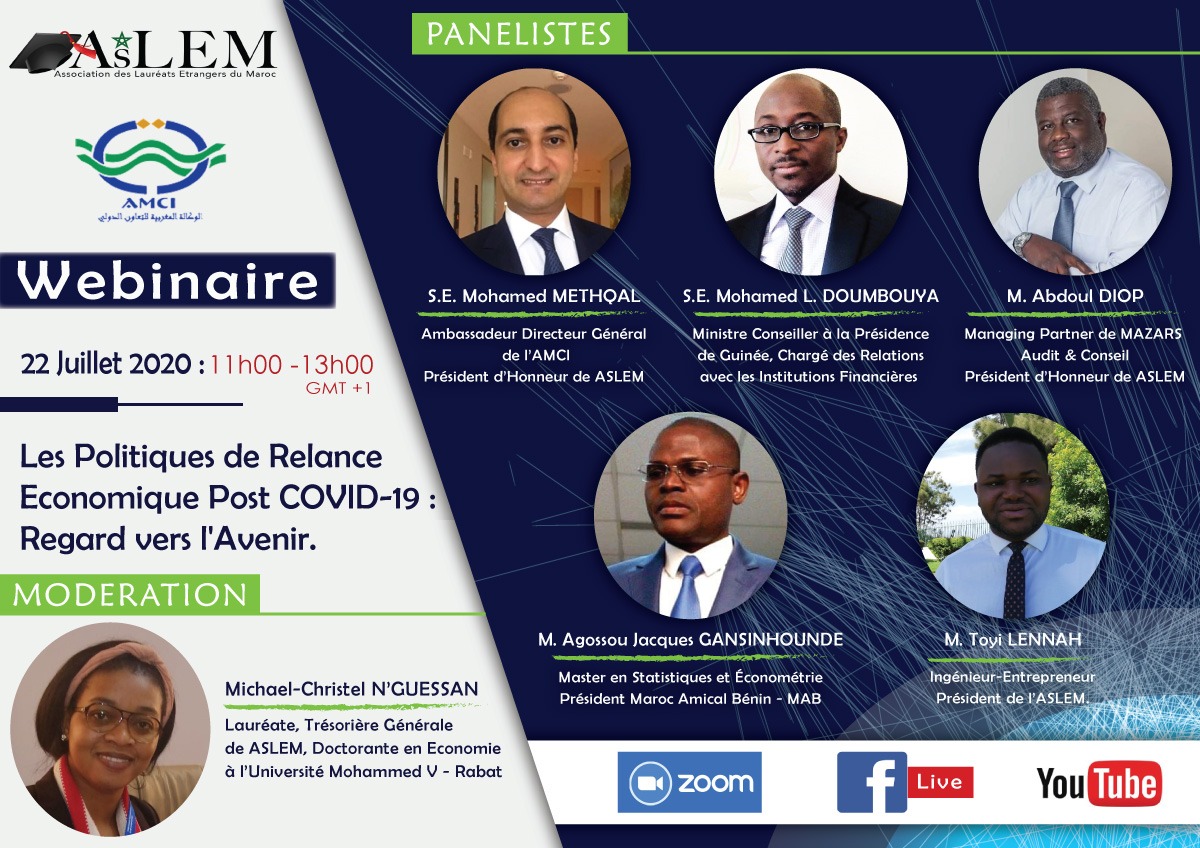 aslem_org's tweet photo. #Rabat #Webinaire #EconomieCOVID19 #ASLEM #AMCI #MOROCCOALUMNIASSOCIATION #SALEM2020
Nos Speakers pour le thème webinar :
'' LES POLITIQUES DE RELANCE ECONOMIQUE POST COVID-19 :REGARD VERS L'AVENIR ''
@SiMo_Methqal @meddoum @abdousouleye @lennah_toyi
#agissonscontrecovid19 https://t.co/IJGyDbWxLO