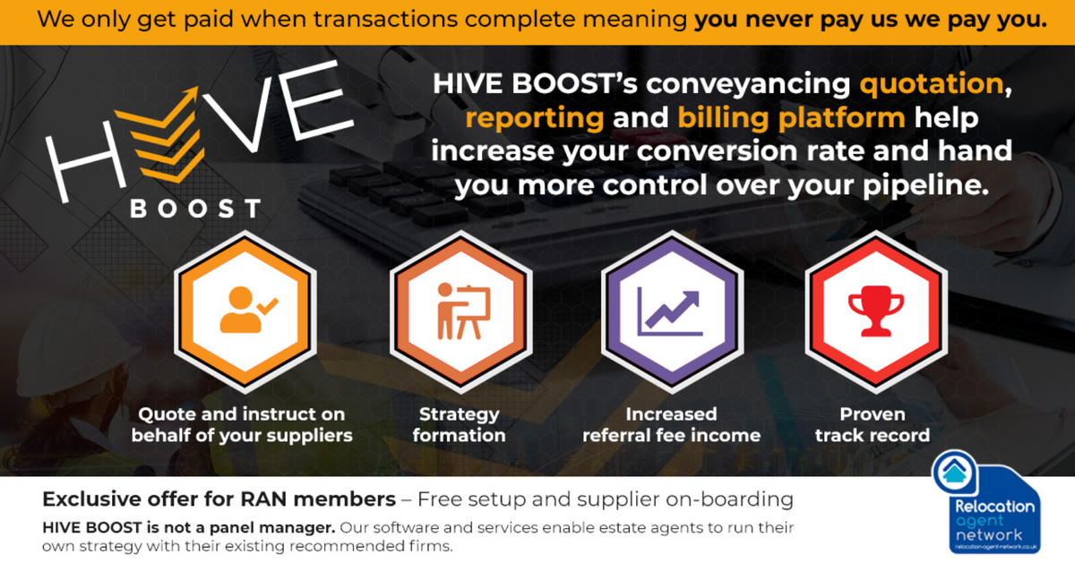 HIVE BOOST is subscription free for <a href="/RelocationAgent/">Relocation Agent Network</a>  members and is endorsed by some of the most successful estate agents in the UK and award-winning conveyancing firms. 

If you are interested contact Bruce Adams <a href="/HiveEAS/">HIVE EAS</a>
 
 #WorkingTogether #InThisTogether #LocalExperts