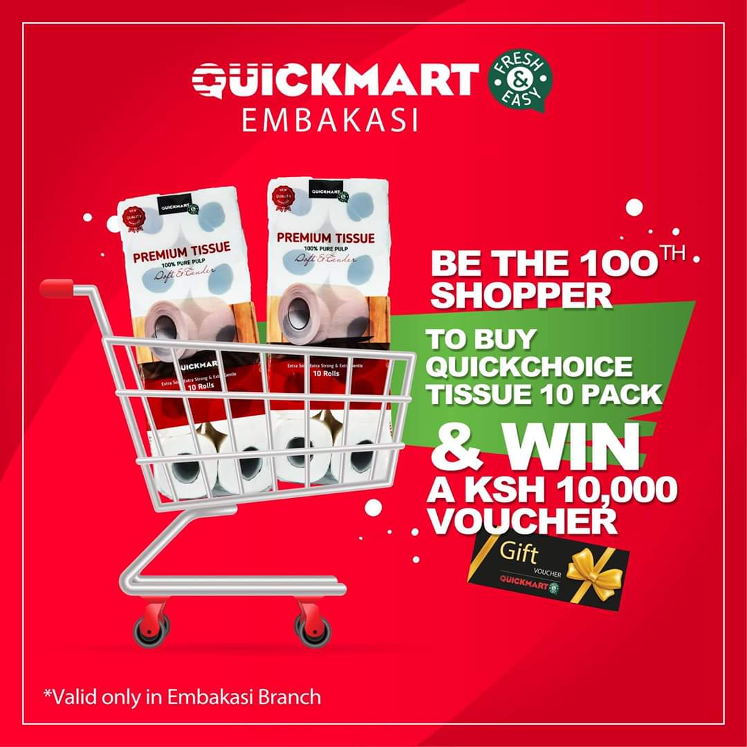 QuickmartKenya's tweet photo. Here's your chance to get a free voucher, just for shopping with us. All you have to do is buy Quickchoice Tissue 10 pack, and if your are our 100th walk away with a 10,000/- shopping voucher. Available EXCLUSIVELY at Quickmart Embakasi.
#QuickmartEmbakasi
#100thShopper https://t.co/wbk2B4wnOK