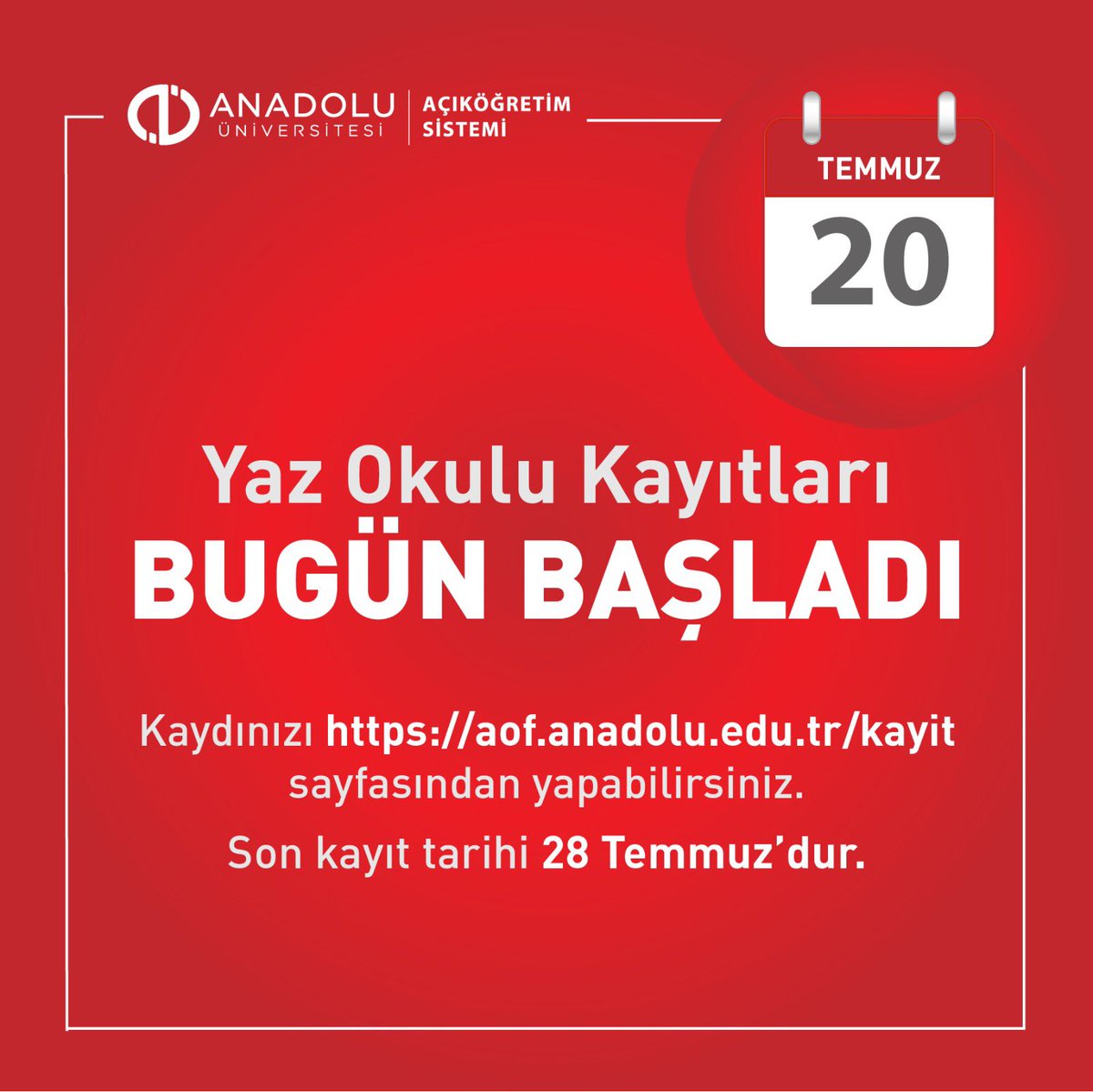 AOFAnadolum's tweet photo. Değerli öğrencilerimiz, Anadolu Üniversitesi Açıköğretim Sistemi yaz okulu kayıtları bugün başladı. #yazokulu #anadoluüniversitesi #açıköğretim #evdekal #calismayadevam https://t.co/U4fs6CmkIM