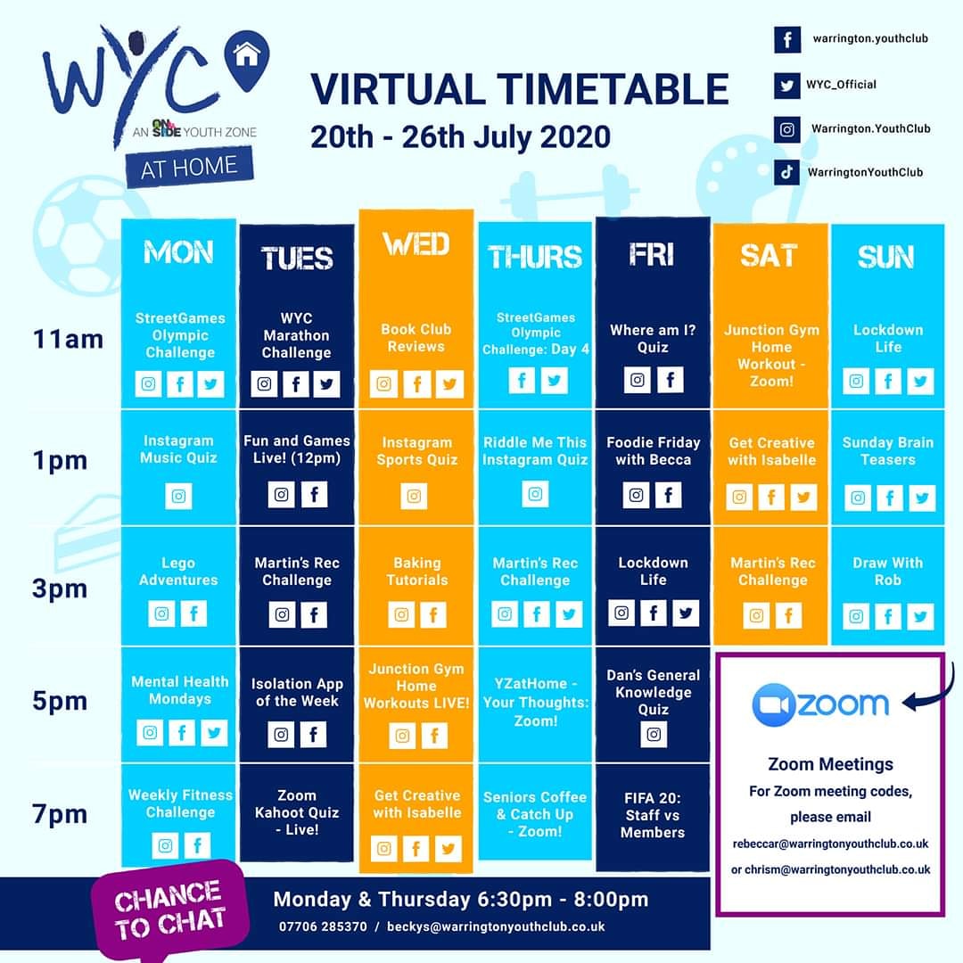 Good morning everyone! Happy Monday! 😁

Our virtual #YZatHome timetable is here as usual to support young people whilst some of our facilities are unable to reopen! 

This means we'll be offering you loads of different activities to try whilst you're at home.

#YZatHome