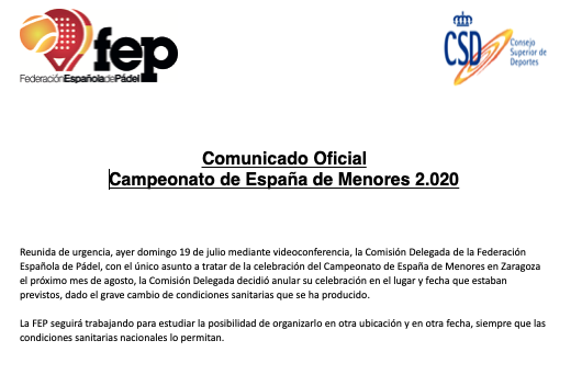La Comisión Delegada ha decidido anular la celebración del Campeonato de España de Menores en el lugar y fecha que estaban previstos, dado el grave cambio de condiciones sanitarias que se ha producido. 
Informate 👉🏻bit.ly/2ZHCD4u