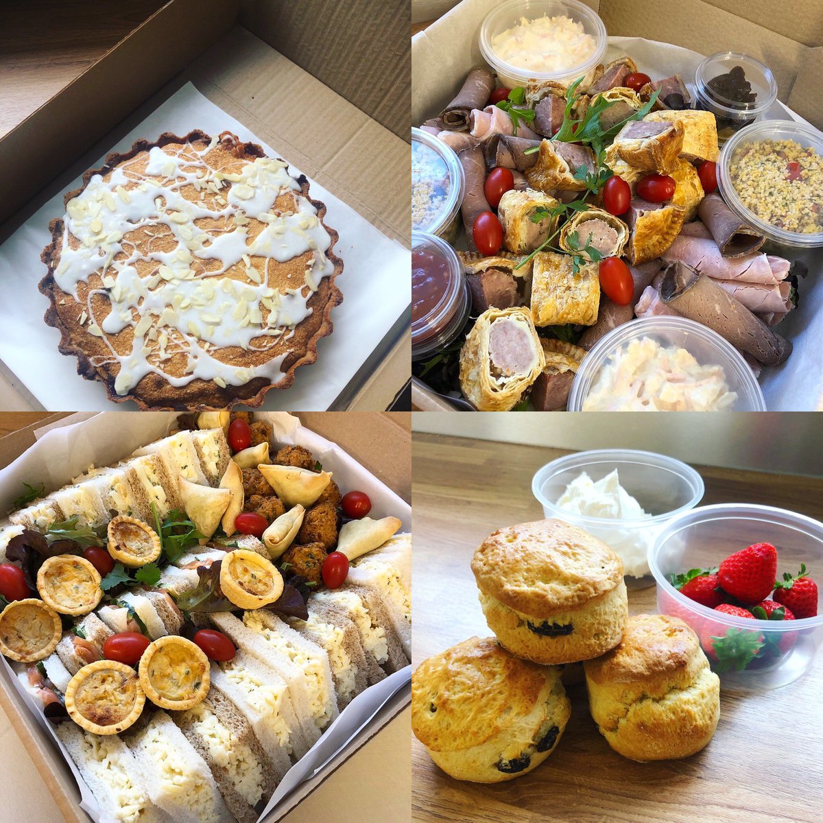 RachAlsKitchen's tweet photo. A few recent bits including #homemade #bakewelltart .. #cateringboxes .. #fruitscones and #ploughmanslunch #sharingboxes ... #catering #events #caterers #food ... https://t.co/Q6BOHy1pgl