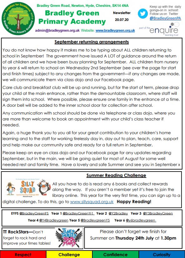 BradleyGreenPA's tweet photo. Please find this year's final newsletter at https://t.co/afU73U1yRG and on class dojo #excitedforSeptember https://t.co/Xa1E6so9Io