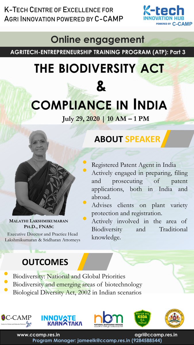 CCAMP_India's tweet photo. CCAMP #Agritech Entrepreneurship Training Program's #Webinar #3 on the much-misinterpreted Biodiversity Act

July 29th, 10am with Dr Malathi Lakshmikumaran

Join us for a session on NBA &amp; its compliance in India in context of emerging biotech domains
Register agri@ccamp .res .in https://t.co/rl9CLdS4eB