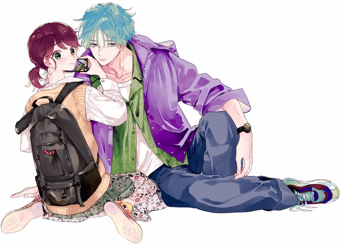 1girl 1boy backpack jacket green eyes bag pants  illustration images