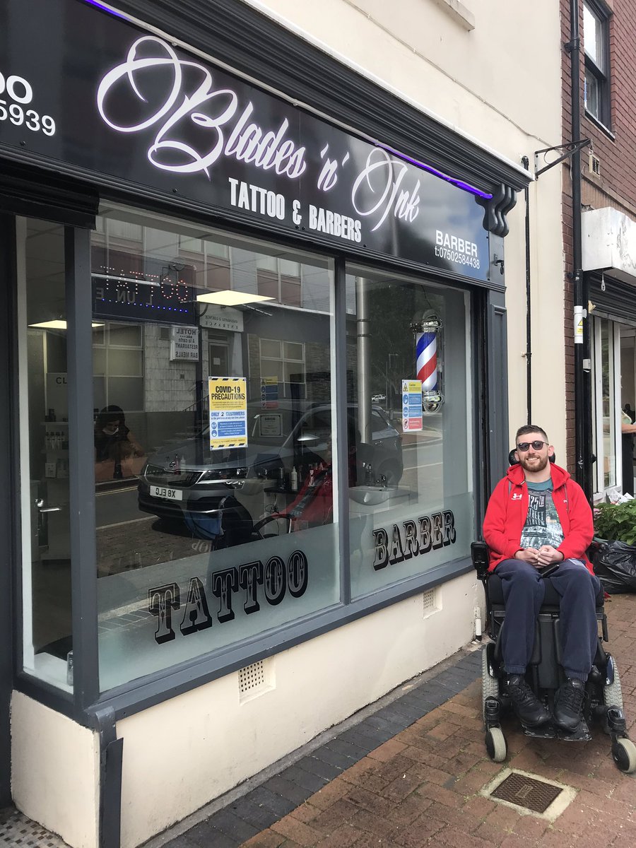 lifeofJFA's tweet photo. Blades and ink: this hairdressers and tattoo parlour is a very accessible place for wheelchair users and very good customer service with a decent mop chop😁
I would recommend this shop for wheelchair users and any other person as in able bodied or not https://t.co/TT2ASI22Li