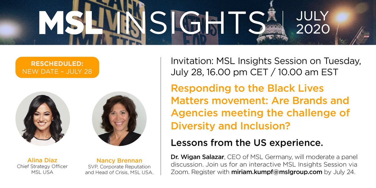 Terminänderung! Unsere #mslinsights Session zur Bedeutung der #blacklivesmatter Bewegung für Marken und Agenturen ist auf nächsten Dienstag, den 28. Juli verschoben. Dabei: unsere ⁦<a href="/MSL_USA/">MSL U.S.</a>⁩ Kolleginnen ⁦<a href="/AlinaDiazM/">Alina Diaz</a>⁩ und Nancy Brennan. Wir freuen uns auf Anmeldungen!