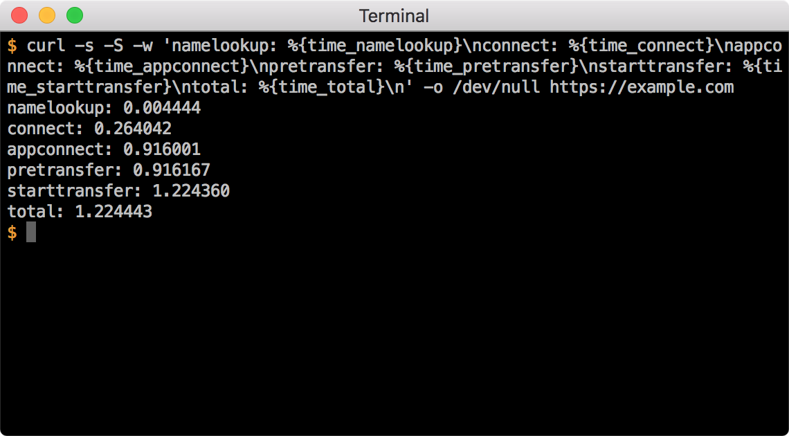 To check why an HTTPS request is taking long:

curl -w 'namelookup: %{time_namelookup}\nconnect: %{time_connect}\nappconnect: %{time_appconnect}\npretransfer: %{time_pretransfer}\nstarttransfer: %{time_starttransfer}\ntotal: %{time_total}\n' example.com

#unix #linux