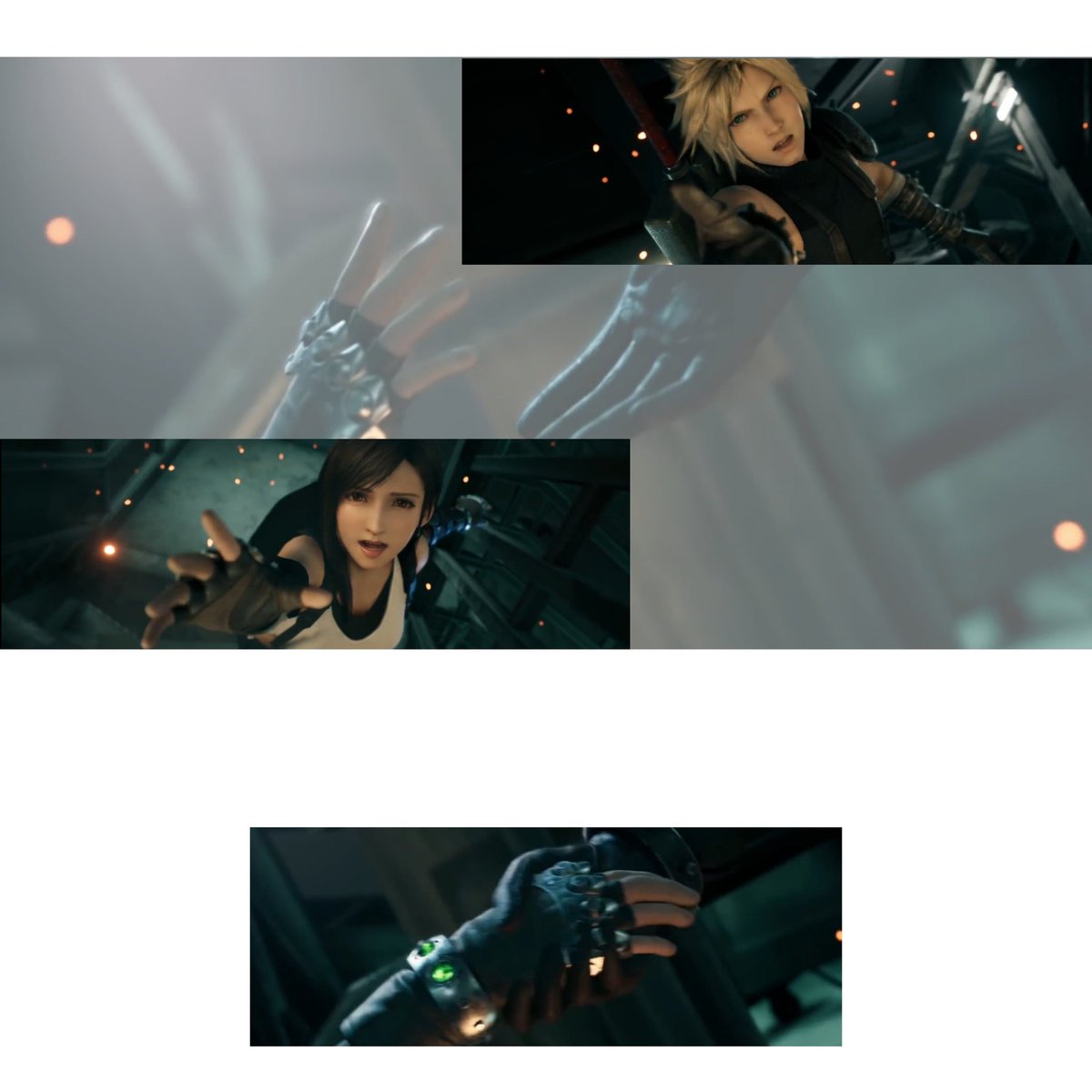 Cloud & Tifa went up to the tower together but it's developed in 7R to Cloud went up alone followed by Tifa. The result is we get them reach out eo hands in a slowmo-dramatic way added by SE