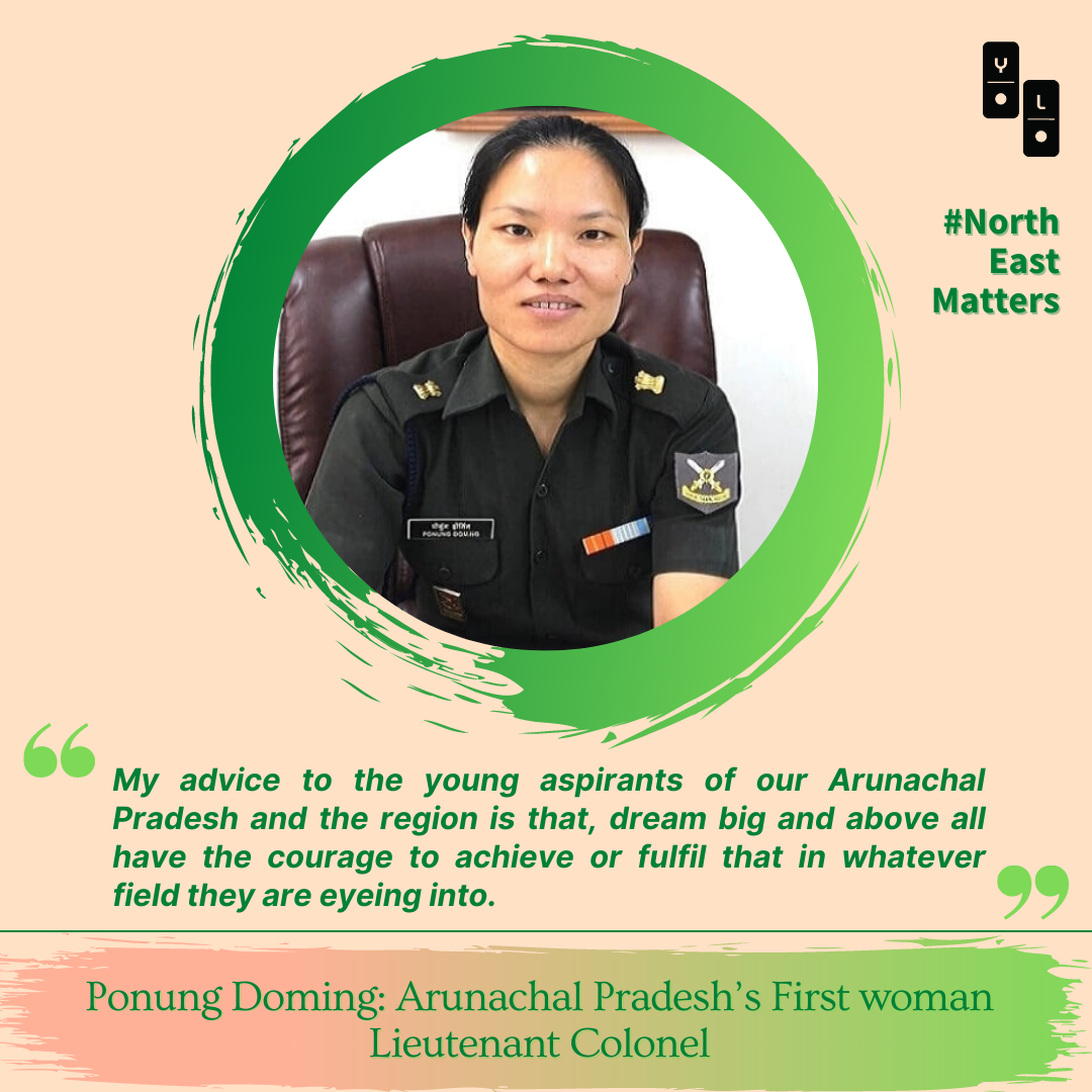 CampaignYolo's tweet photo. An Army official from Arunachal Pradesh, Ponung Doming, created history after she became the first woman officer from the state to hold the rank of Lieutenant Colonel in the Indian Army. 

We celebrate her achievements as proud Indians 🇮🇳

#NorthEastMatters https://t.co/EuszV7kVDs
