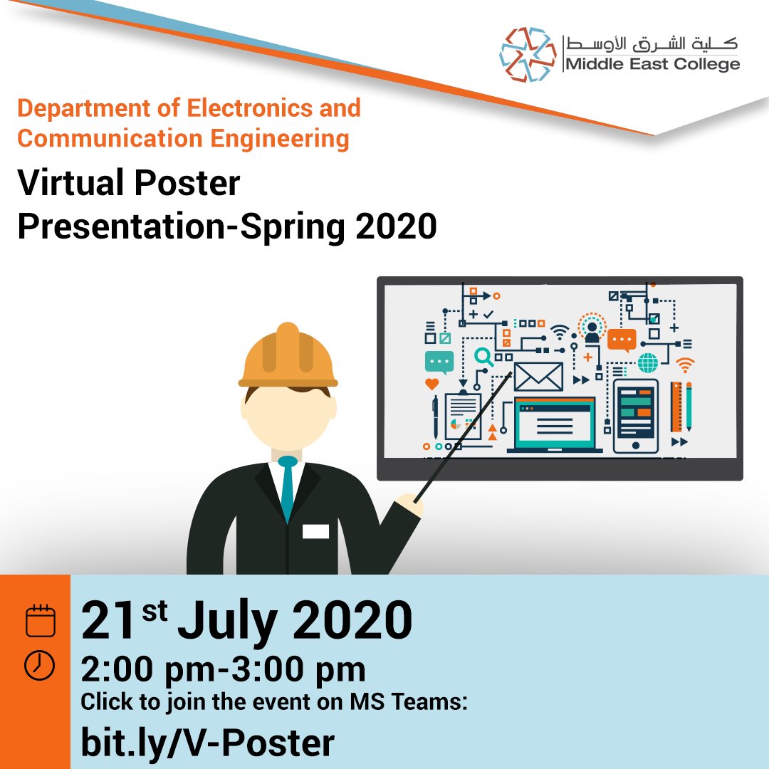MEC_Oman's tweet photo. Be part of the #Virtual_poster_presentation ..
#Online #MS_Teams
#Engineering_programmes #Electronics and #Communication_Engineering
Join the online session through:
https://t.co/w2AOxp7B0F
Explore all #Engineering Programmes at #MEC ;
https://t.co/BOfwoj8vXR https://t.co/77IUAByzU4
