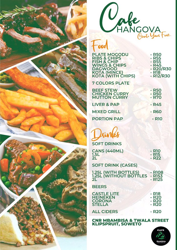 DJ_Buhle's tweet photo. π₯ is READY
We operate from 9am till 5pm
For orders please call 079 084 1122.
We also do deliveries at little cost.
@HangovaCafe Cnr Mbambisa & Twala Street , Klipspruit 1809 π₯
#CreateYourOwnFun https://t.co/L34yCkAWkb