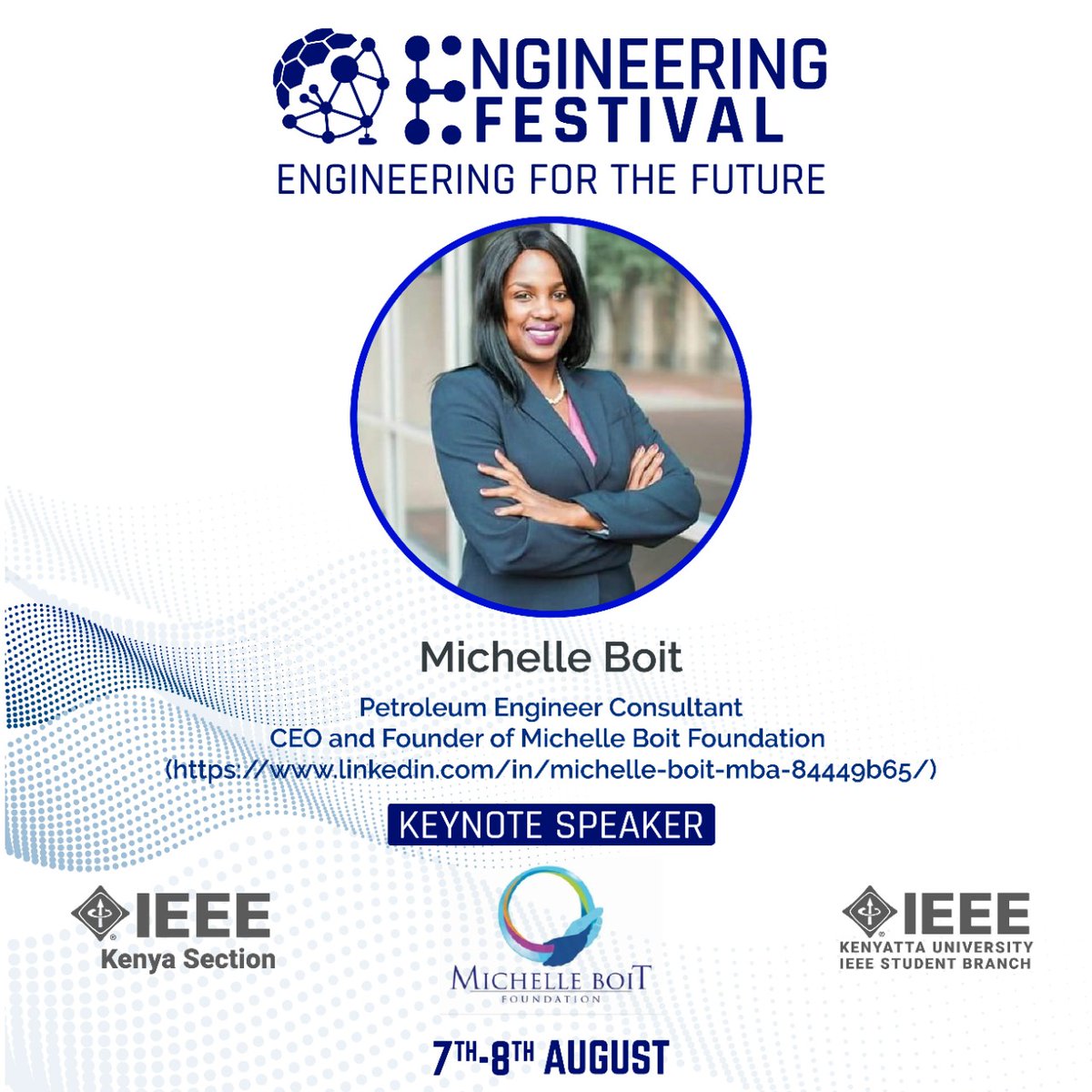 IEEE Kenyatta University ,Strathmore University, JKUAT, MMUST  and  Moi University student branches  in collaboration with IEEE Kenya, IEEE COMSOC  Kenya and IEEE PES Kenya welcome you to the first ever 

𝐌𝐄𝐆𝐀 𝐄𝐍𝐆𝐈𝐍𝐄𝐄𝐑𝐈𝐍𝐆 𝐅𝐄𝐒𝐓𝐈𝐕𝐀𝐋

events.vtools.ieee.org/m/235452