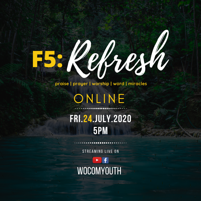 WocomYouth's tweet photo. F5 is back!!🔥🔥
A month has passed and the time for refreshing is here again. This Friday, join us at 5pm on Facebook or YouTube for a time of reconnection to our Heavenly Father. God is going to reveal His word to us in a new way! Don't miss it!
#F5Refresh #wocomyouth https://t.co/Nd8lrE9C4g