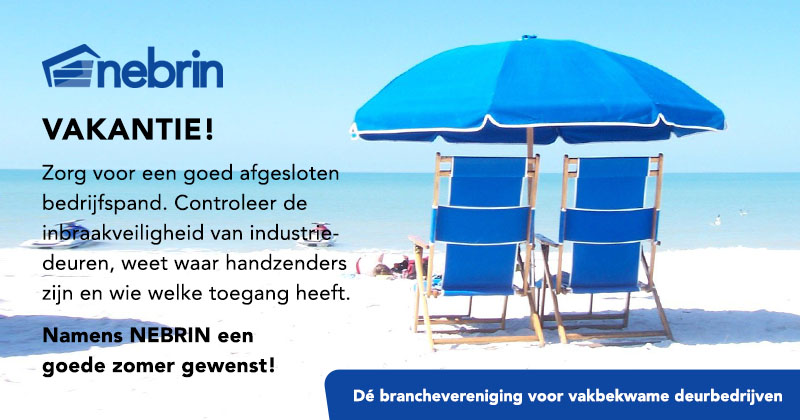 Jaarlijks krijgt 1 op de 10 #bedrijven te maken met een (poging tot) #inbraak. Goede #beveiligingsmaatregelen kunnen veel ellende voorkomen. Zorg dat uw #industriedeuren geen zwakke plek zijn. NEBRIN #professionals helpen u graag met praktische tips. Fijne #zomer!