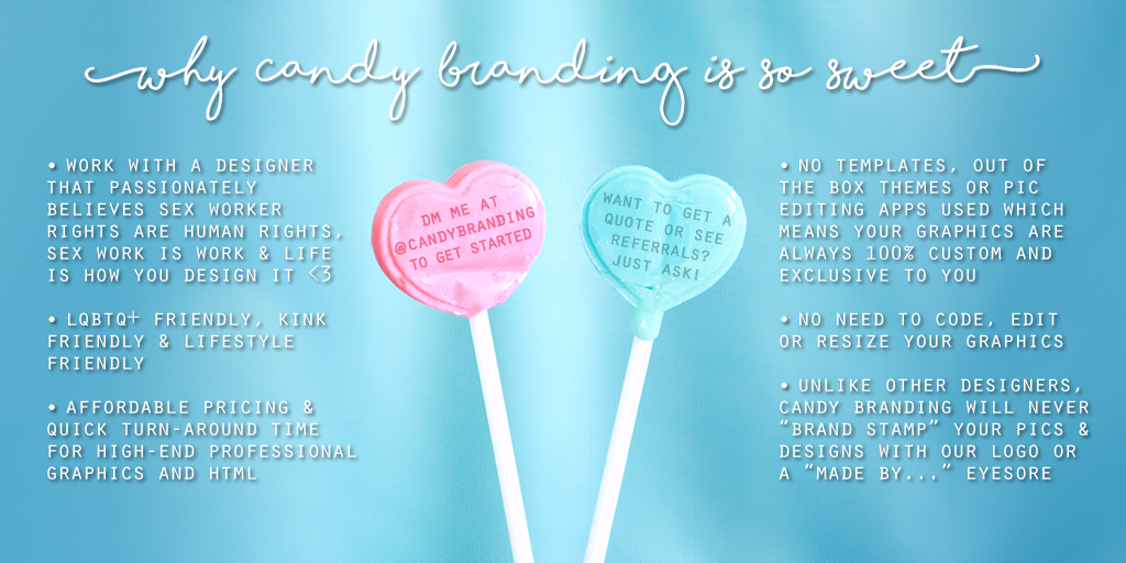 CandyBranding's tweet photo. Welcome to @candybranding, I'm Sloane, a sex positive design nerd creating empowering graphics for sex workers.
DM me for pricing inquiries & referrals! π
#sexworkers #cammodels #swdesign #supportsexworkers #chaturbatebio #onlyfansgraphics #adultgraphics https://t.co/dM3vBpt9j1