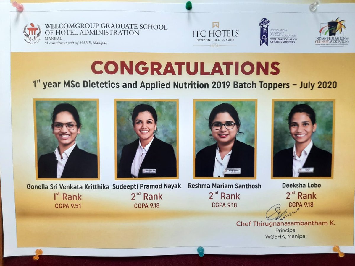 WManipal's tweet photo. Heartiest Congratulations to the 2018 and 2019 batch MSc #Dietetics and Applied #Nutrition academic Toppers from the Principal and all faculty of #WGSHA. May you achieve more laurels in your academic journey.
@ThiruChef
@MAHE_Manipal
@ITCHotels
#MScDAN
#MAHE #Education https://t.co/rHvtzY4Nua