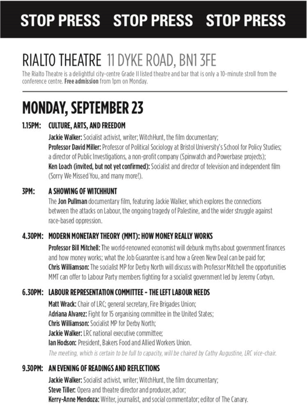 Jew baiting is Hadfield’s calling and Brighton’s misfortune. He held another nasty rally in September 2019. Listed speakers included expelled Labour member Jackie Walker, the conspiracy theorist David Miller, Williamson, and Kerry-Anne Mendoza of the crank blog The Canary. 4/12