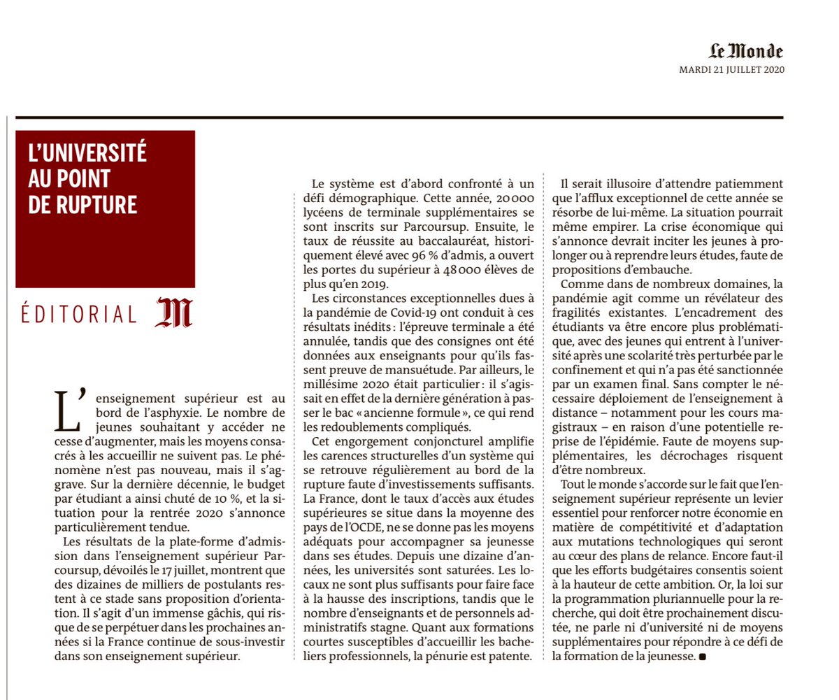SebNeuville's tweet photo. « L’université au point de rupture »: l’éditorial de @lemondefr de demain. Cc @VidalFrederique. Asphyxie, gâchis, sous-investissement, engorgement, saturation, pénurie, encadrement insuffisant... https://t.co/ZQ7ilkh0uW