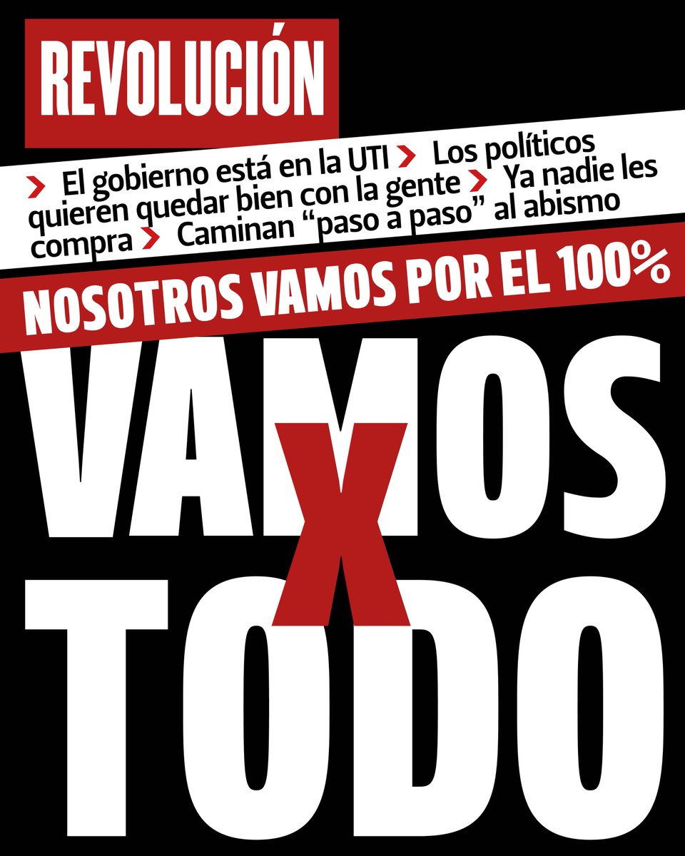 El gobierno está en la UTI
Los políticos quieren quedar bien con la gente
Ya nadie les compra
Caminan “paso a paso” al abismo

Nosotros vamos por el 100%

VAMOS POR TODO

#fuerapiñera #quesevayantodos #afp #vamosxtodo