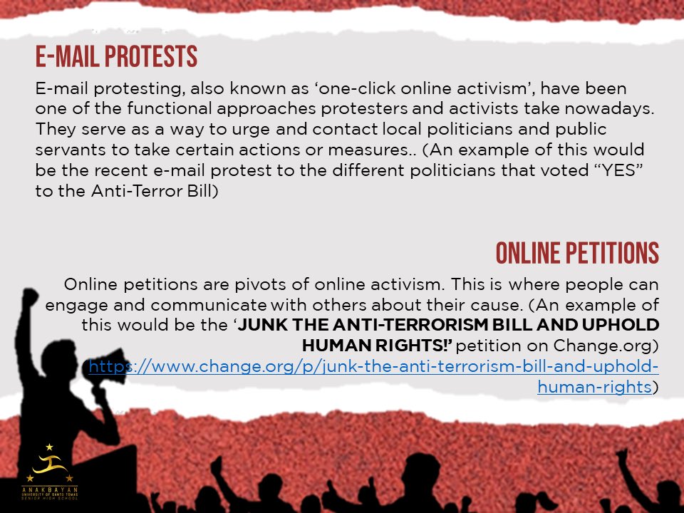 AnakbayanUSTSHS's tweet image. Ano nga ba ang online protests? Halina’t palawigin pa ang kaalaman tungkol sa mga nangyayari sa online protests at kung ano ang dulot nito sa lipunan! 

#OustDuterte
#JunkTerrorLaw
#MassTestingPH

1/2