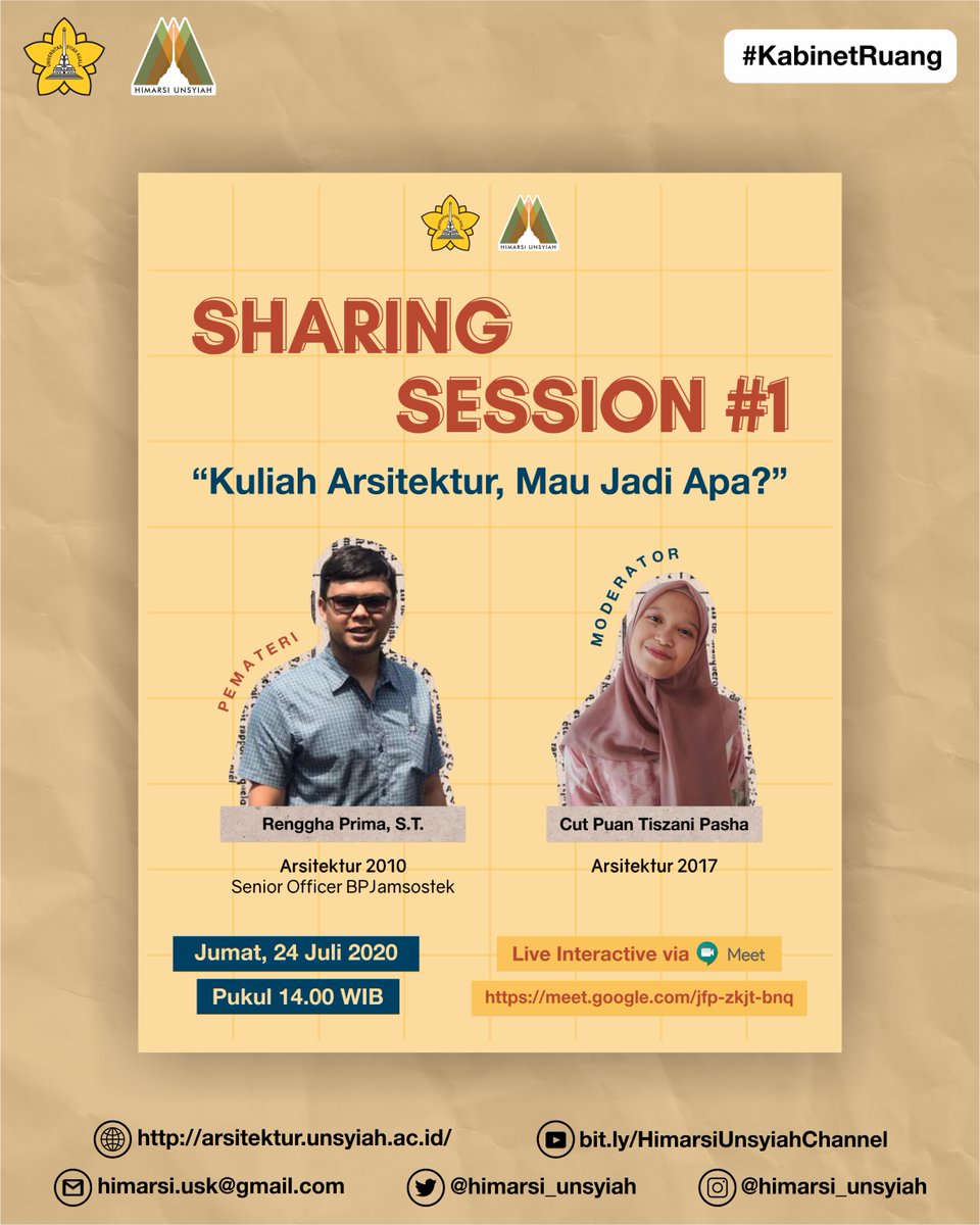 himarsi_Usk's tweet photo. [SHARING SESSION]
Mau jadi apa ya kita setelah selesai kuliah di Arsitektur?
Seperti apa ya dunia kerja?

Nah, pada #SharingSession kali ini kami menghadirkan Pemateri yaitu Renggha Prima, S.T. @RengghaPrima (Arsitektur 2010) yang bekerja sebagai Senior Officer BPJamsostek. https://t.co/uCBf5KLbXv