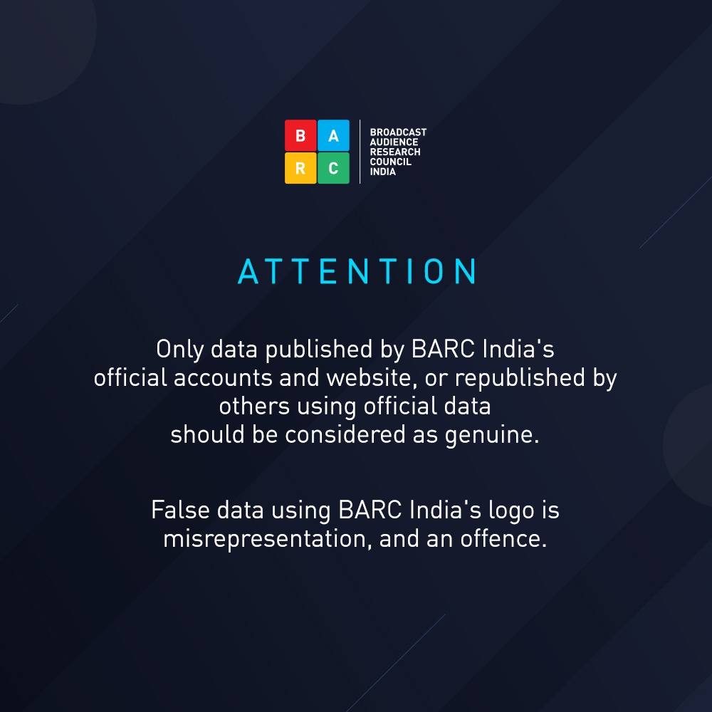 BARCIndia's tweet photo. It has come to our attention that people are posting false data using BARC India's logo. This is a serious breach and an offence. Please refer to data only published by BARC India and republished or shared by others using the official data.

#BARCIndia #WhatIndiaWatched https://t.co/HloK4z4TcB