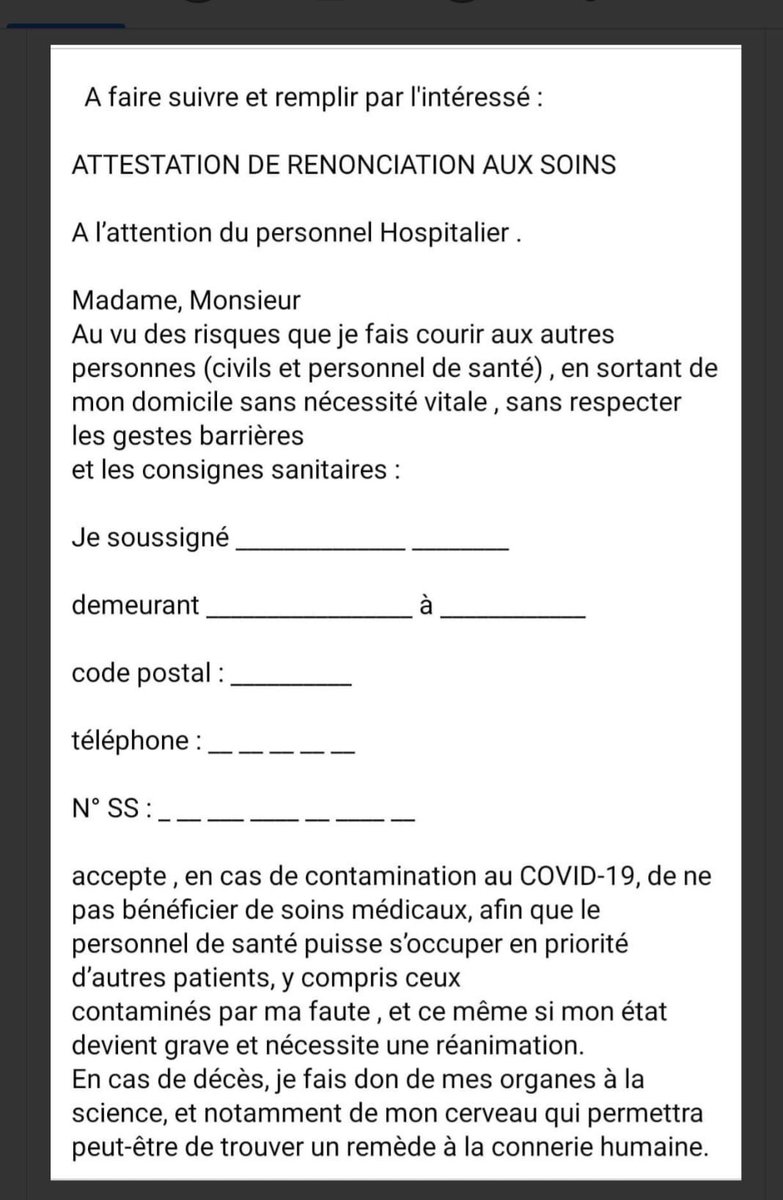 KrisQ3011's tweet photo. @dystoman Merci de remplir cette attestation pour quand vous serez en réa et après faites ce que vous voulez ! https://t.co/d6IEpq5cso