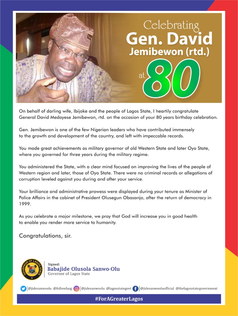 jidesanwoolu's tweet photo. A very Happy Birthday to a brilliant and selfless statesman.

General David Medayese Jemibewon (rtd)

Sir, your name will be written in the sands of time as one of the few leaders who have contributed immensely to the growth and development of our dear country. https://t.co/00RyKlOy5m
