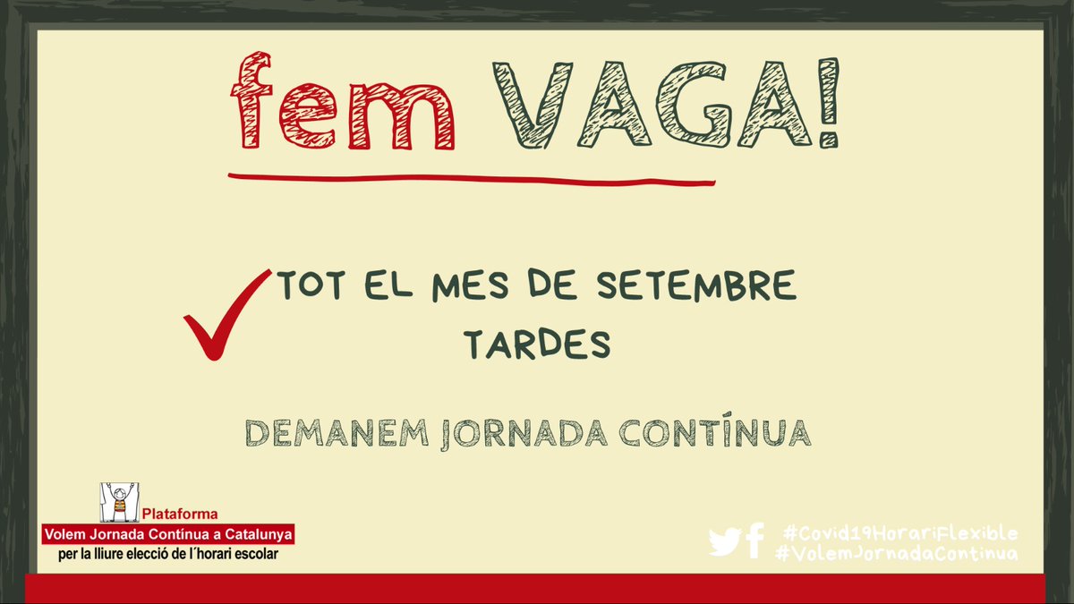 ContinuaCat's tweet photo. En la situació que ens trobem a causa de l'emergencia sanitaria i amb la negativa del Departament en permetre la JORNADA CONTINUA...

📢 FEM VAGA! Setembre tardes 📢

Les ampas/andas/escolas que vulguin adherirse  que es possin en contacte: contacto@jornadacontinuacatalunya.org https://t.co/4NhMgksYD8