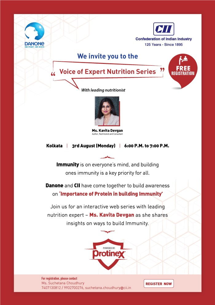 FollowCII's tweet photo. CII in partnership with @Danone brings an interactive Voice of Expert Series featuring @kavitadevgan, scheduled for 3 Aug 2020 at 6 PM. Block your date! To register, please visit➡️https://t.co/YjsmQLyuI9 #cii4india #eLearning @ProtinexIndia https://t.co/mLSWqD9lnZ